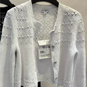 CHANEL White Knit Diamond-Pattern Cardigan